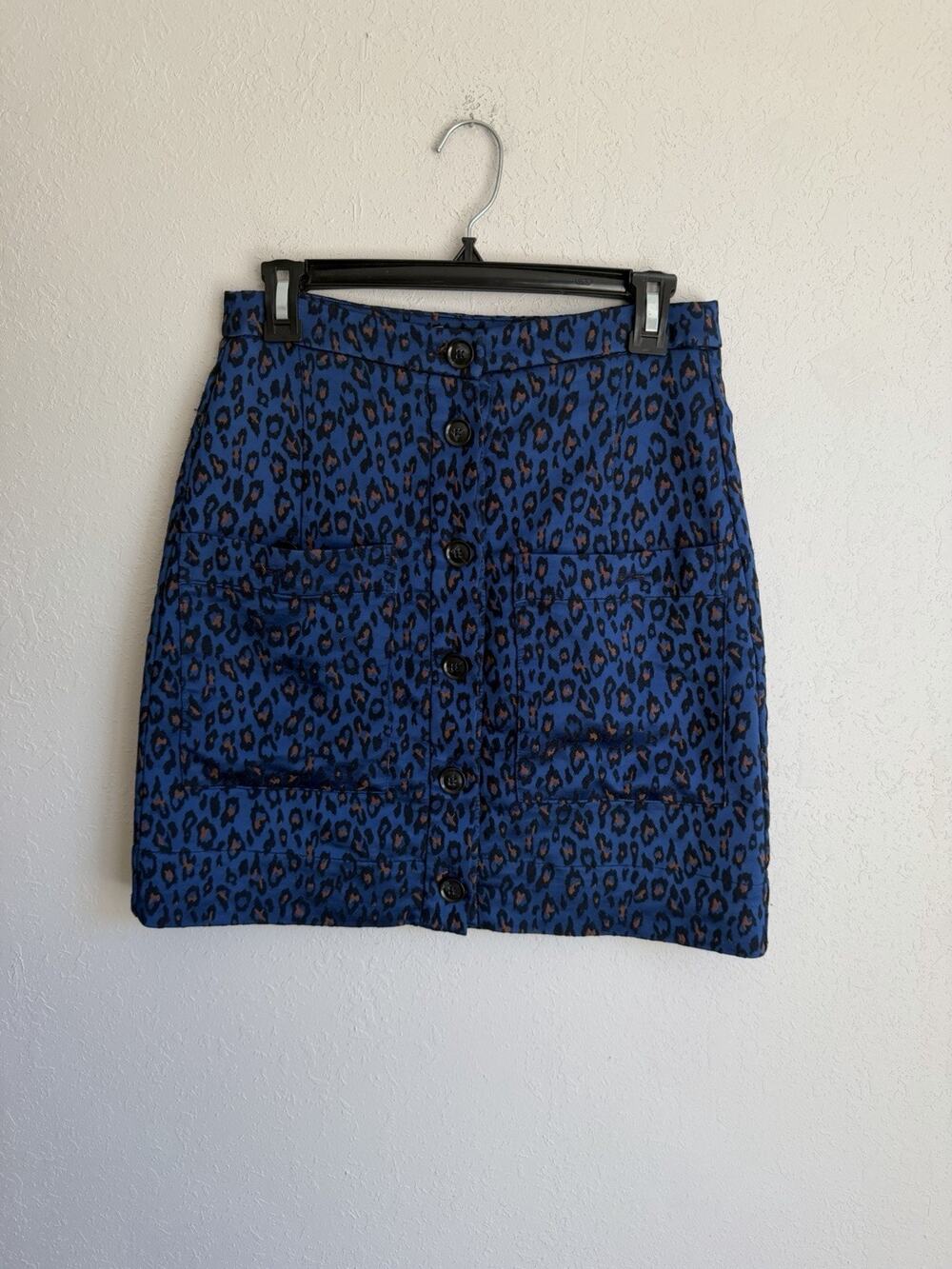 Banana Republic Blue Leopard Print Button Front Straight Skirt Womens 2